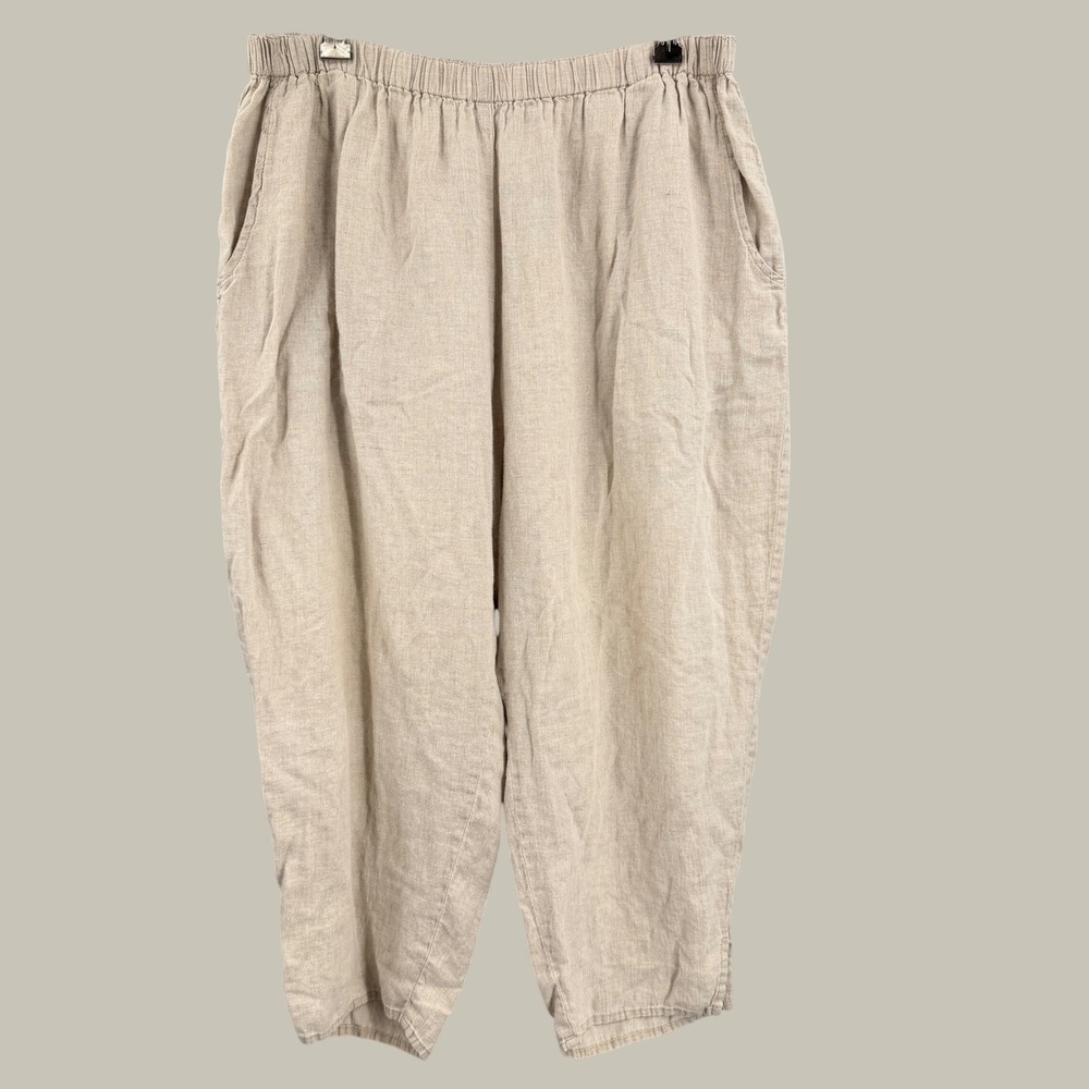 FLAX Crop Pants Size Medium Beige 100% Linen Elastic Waist Slit Hem